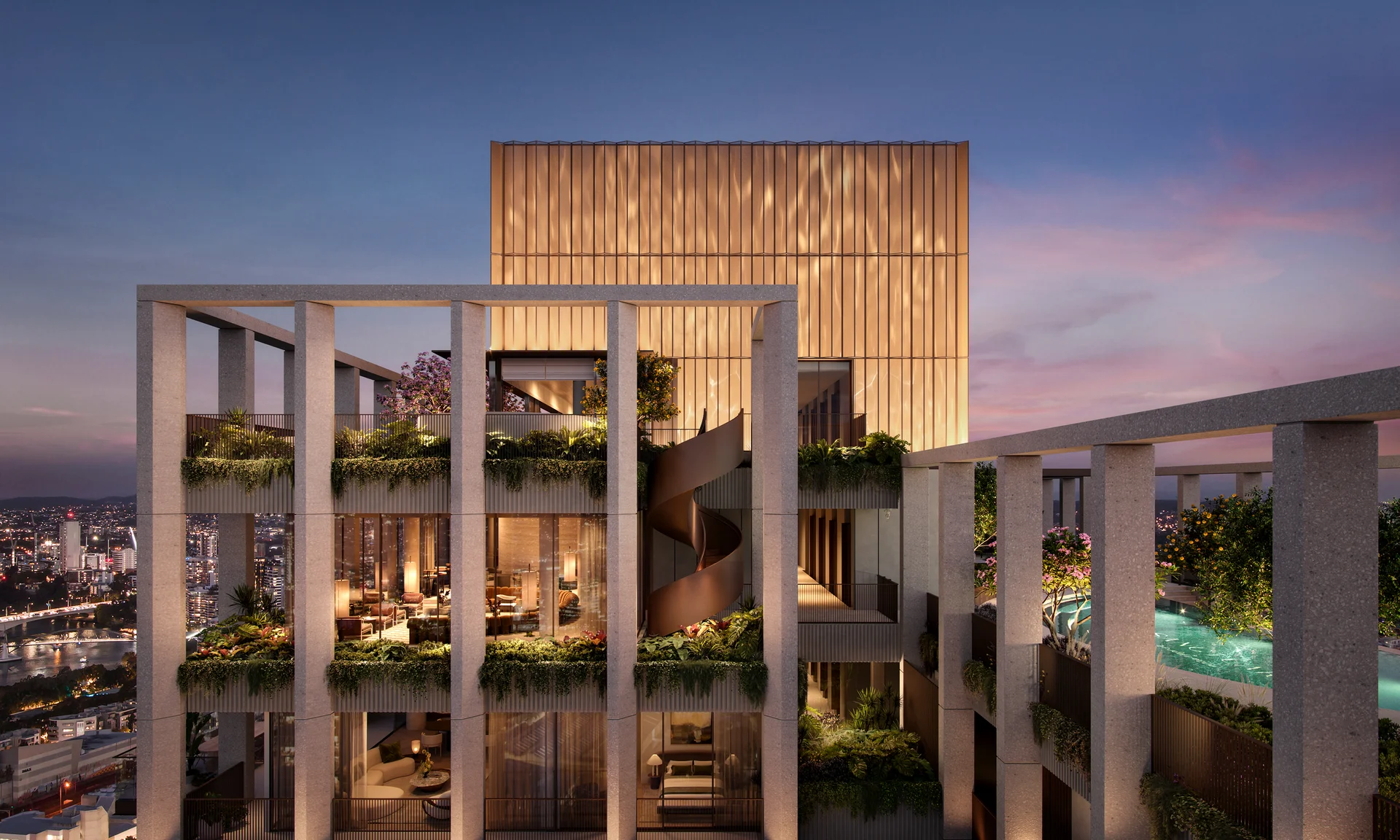 Luxury residential tower with landscaped rooftop gardens and city views at dusk.